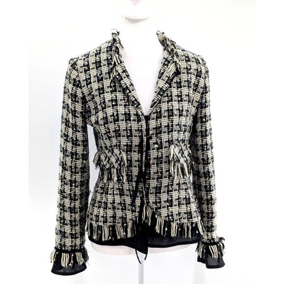 JS Collections Black Beige Tweed Plaid Fringe Chiffon Trim Tweed Blazer Size 6 - Picture 1 of 12